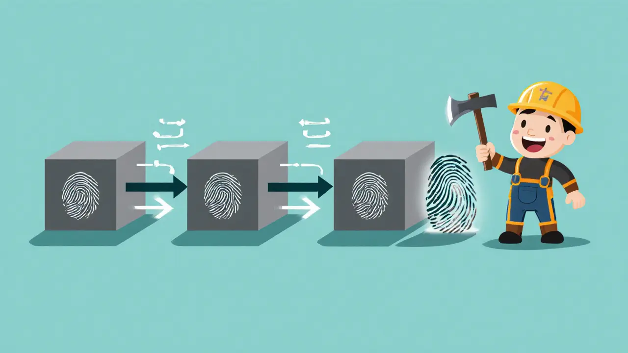 Cartoon of linked blockchain blocks with hash fingerprints and a miner adding a digital signature.