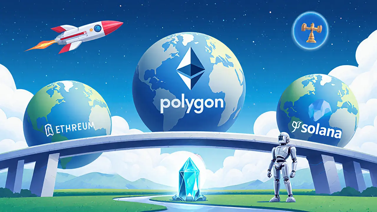 Cartoon scene of cross‑chain bridges, L2 rocket, security robot, and a gavel for future flash loan trends.