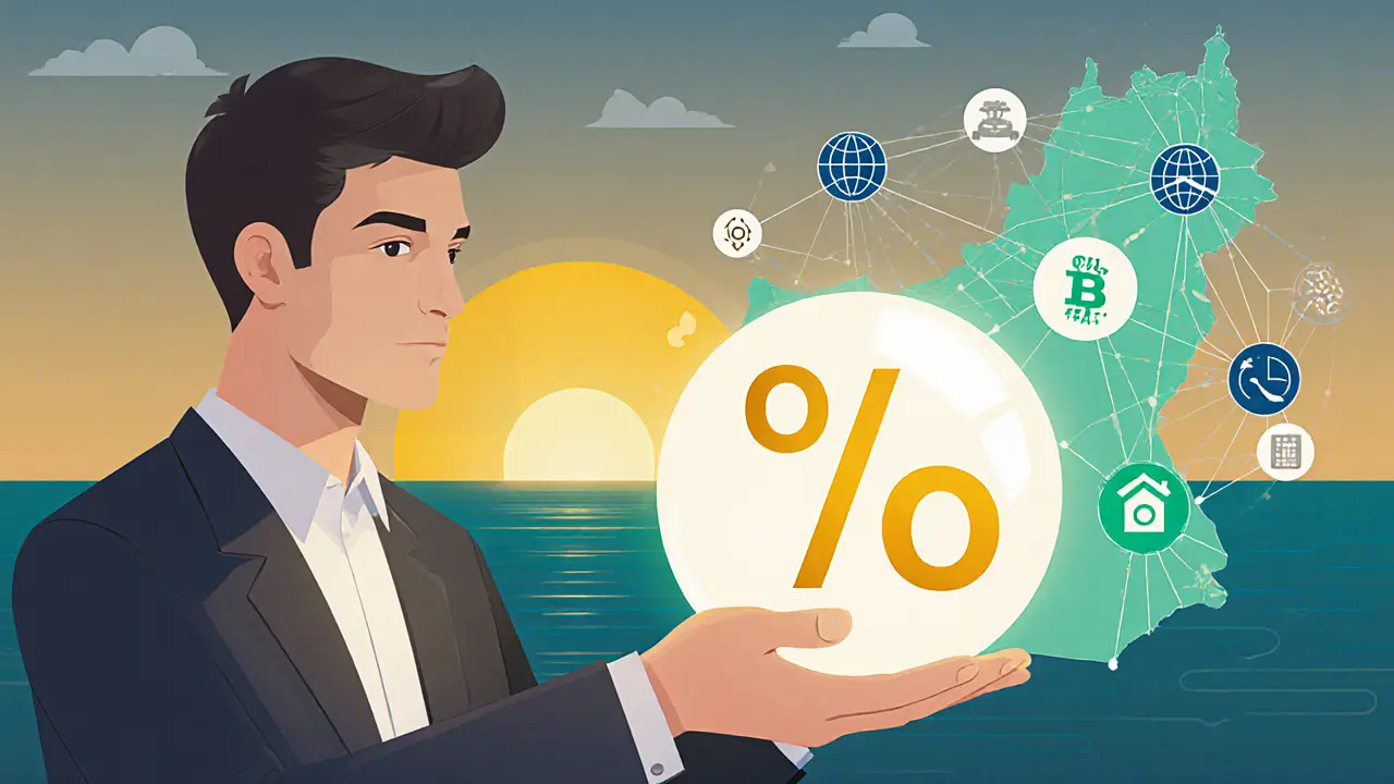 Cartoon scene of UAE, data lines, and a crystal ball indicating future of crypto tax exemption.