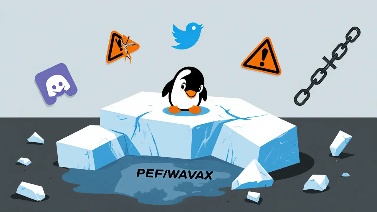 Cracked iceberg with lonely penguin, tiny trading pool, fading social icons and warning symbols.