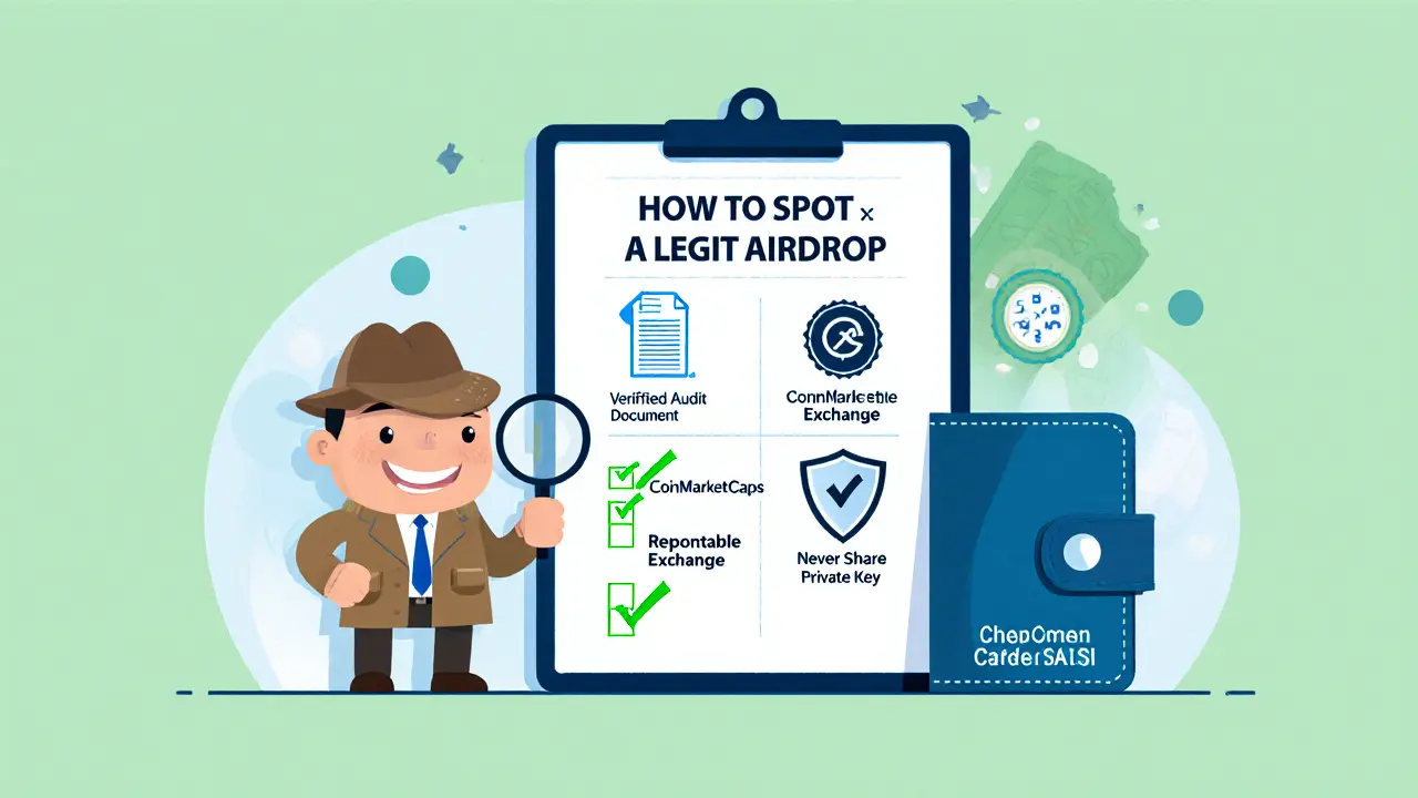 Detective cartoon with checklist of legit airdrop steps and a secure wallet.