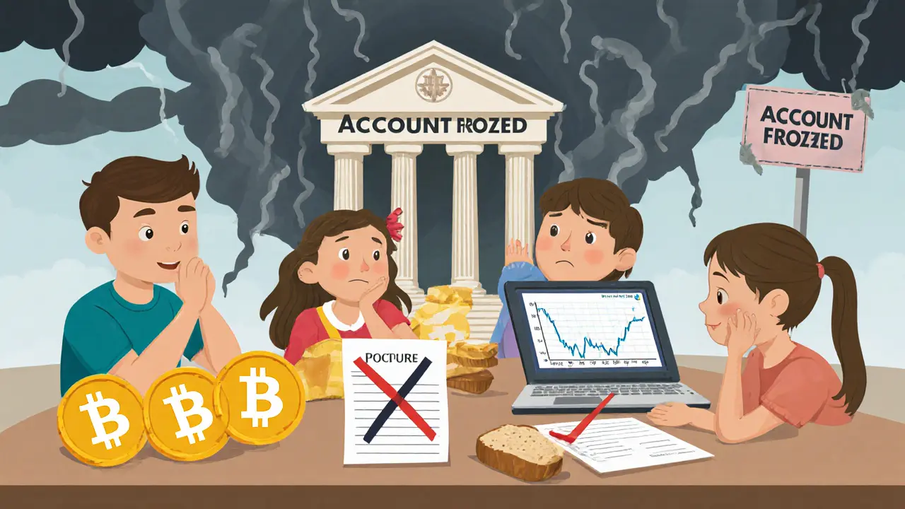 Family confused by crypto volatility while trying to buy groceries.