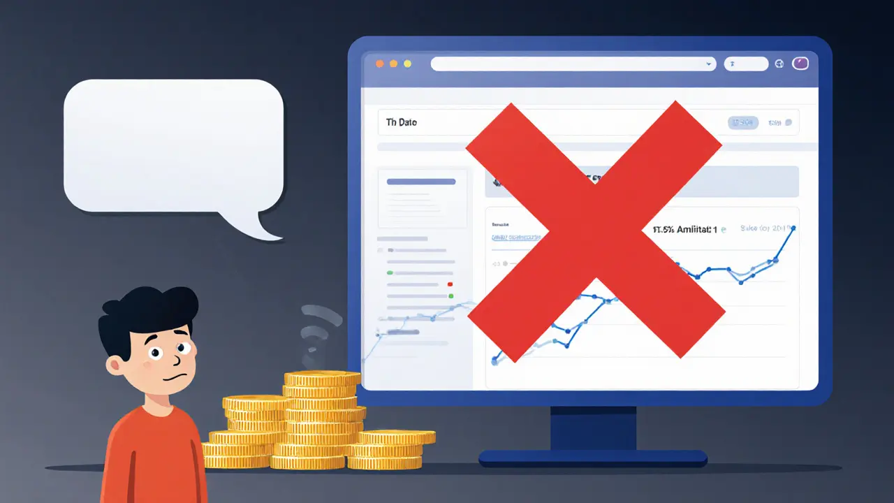 Flat cartoon of a dim computer screen covered by a red X, a user watching coins shrink due to a 5% monthly fee.