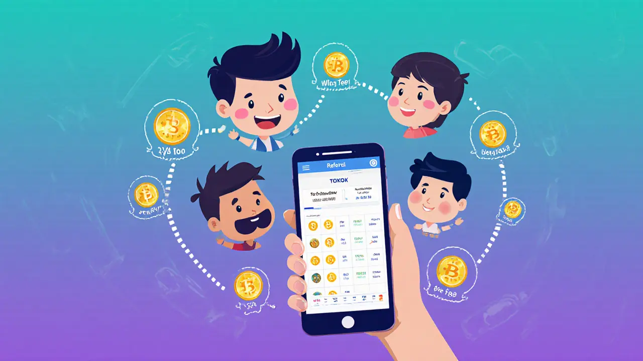 Flat cartoon showing a smartphone app with crypto icons and a chain of characters passing tokens, highlighting referral fees.