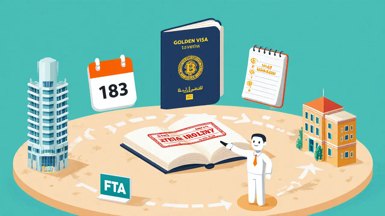 Flat illustration of visa, apartment, calendar, and crypto ledger representing steps to UAE tax residency.