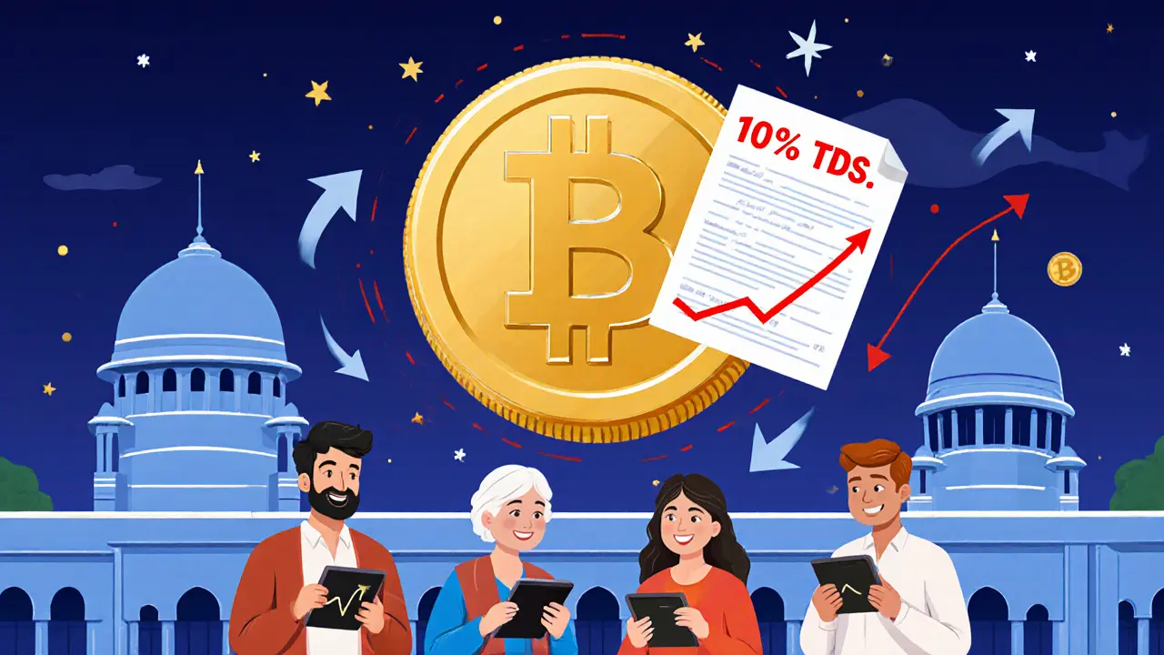 Parliament building with a floating Bitcoin coin and people transacting, depicted in flat cartoon style.