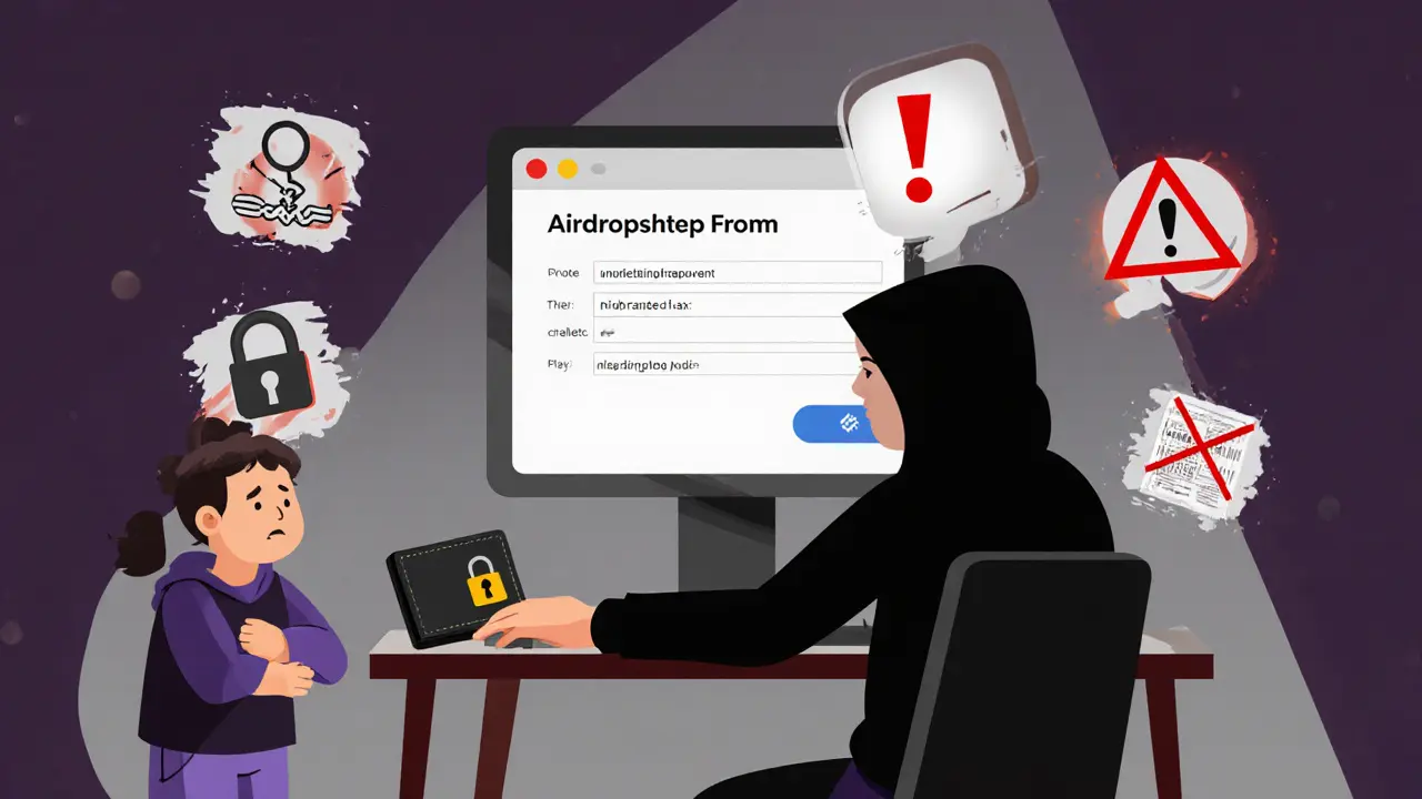 Shady figure showing a fake airdrop form asking for private keys, with warning symbols.