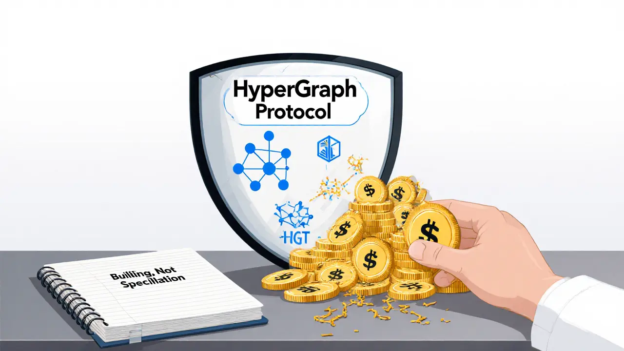 Shield with HyperGraph protocol icons standing beside crumbling fake HGT tokens.
