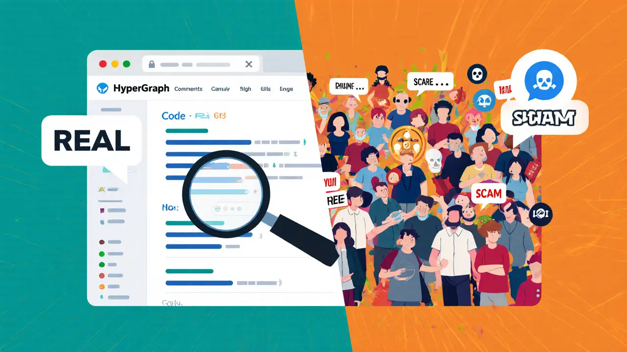 Split screen: real HyperGraph GitHub on left, fake Telegram scam group on right.