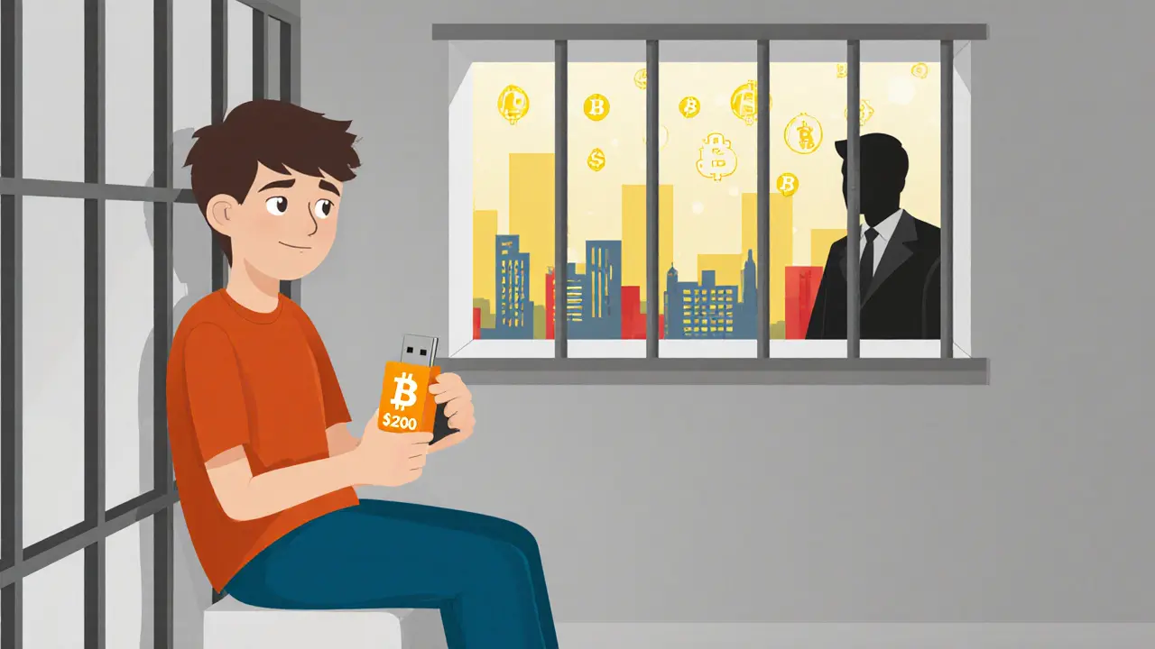 Teenager in jail holding a USB drive labeled BTC, shadowed by bank officer