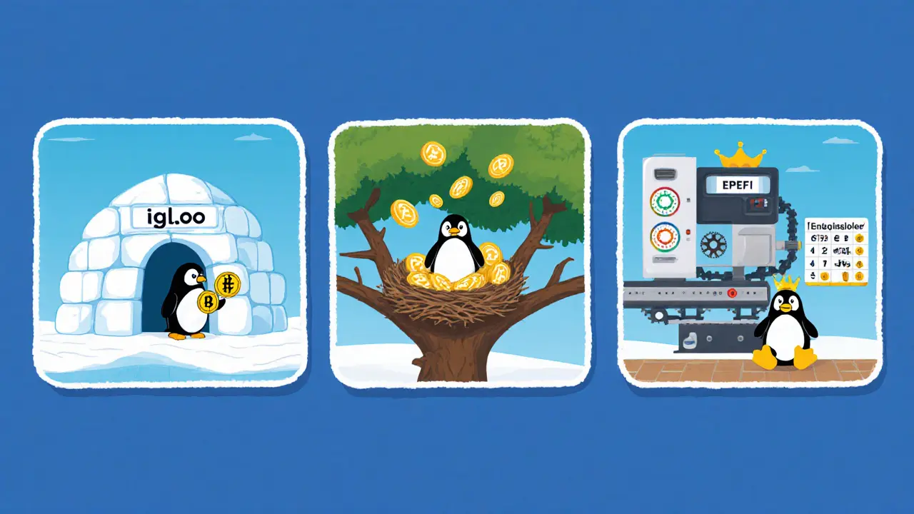 Three panels: igloo with LP token, penguin nest with staking eggs, auto‑compounder robot and betting penguin.