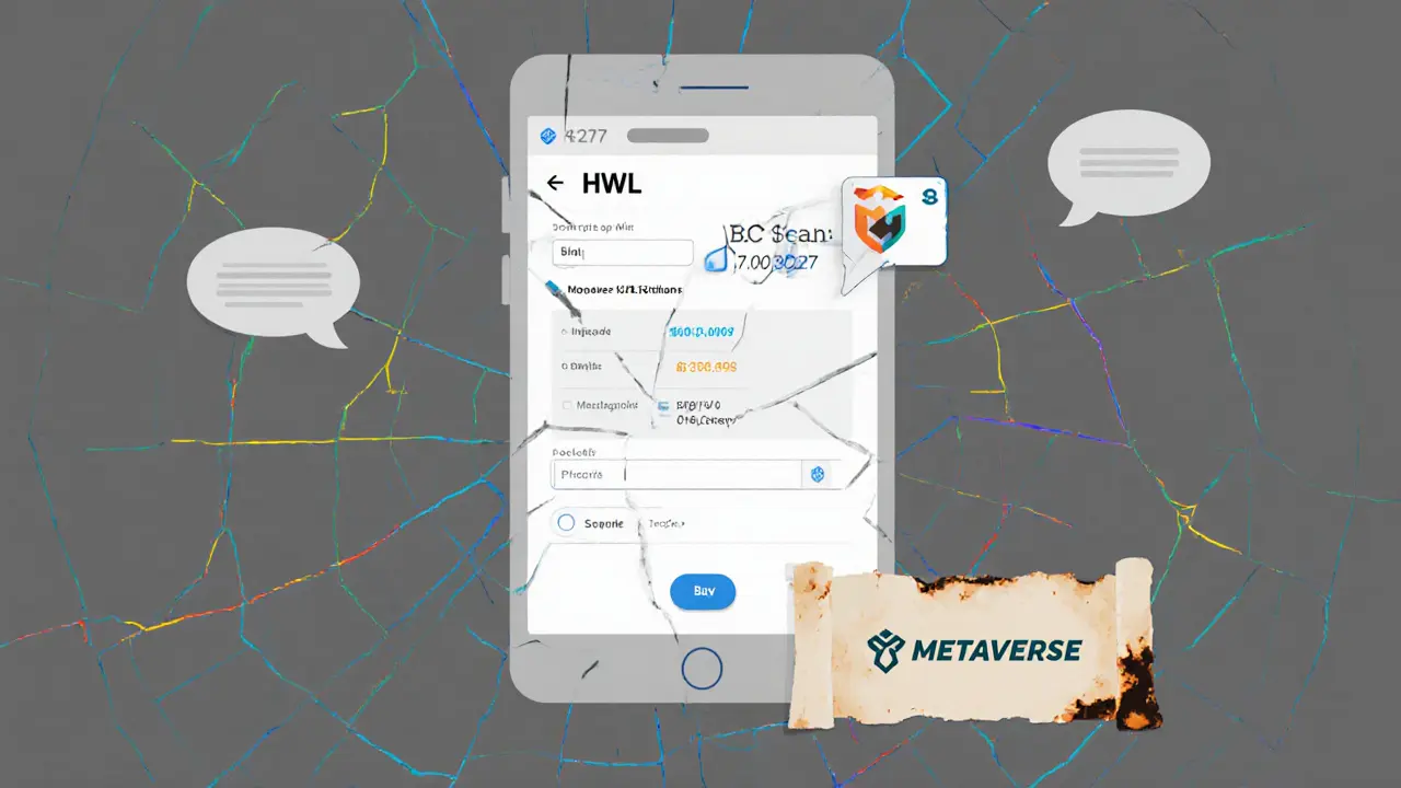 A cracked phone screen showing HWL token data with a dead roadmap in the background.