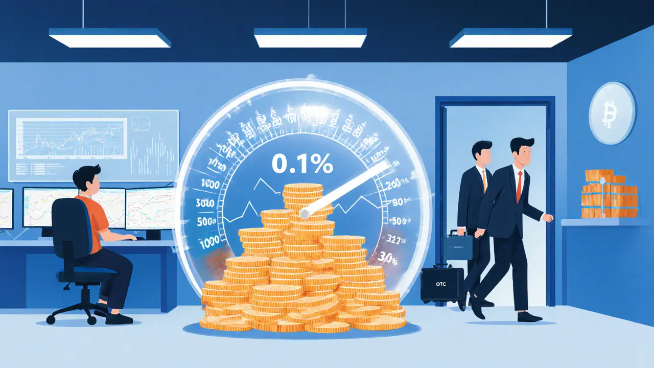 A crypto exchange office with traders and a growing tax meter above them, OTC traders leaving.