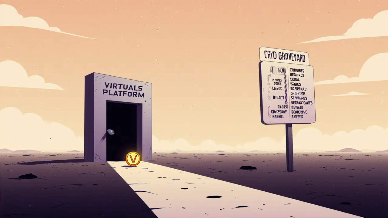 A fading path leads from the Virtuals platform to a digital graveyard with a glowing VU token ahead.