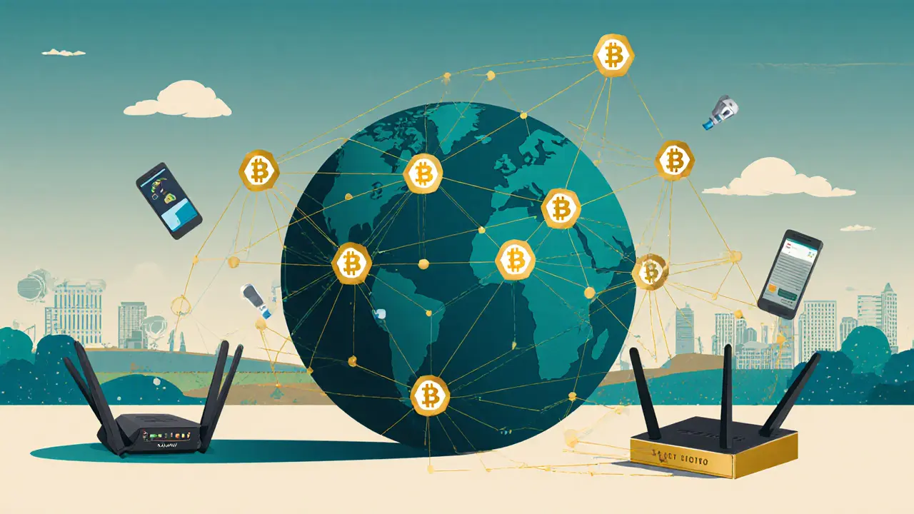 A global network of hotspots and blockchain nodes linking IoT devices in urban and rural areas.