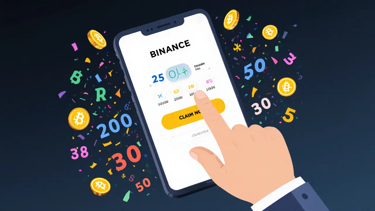 A hand clicks &#039;Claim Now&#039; on a Binance Alpha interface as tokens burst out in confetti.