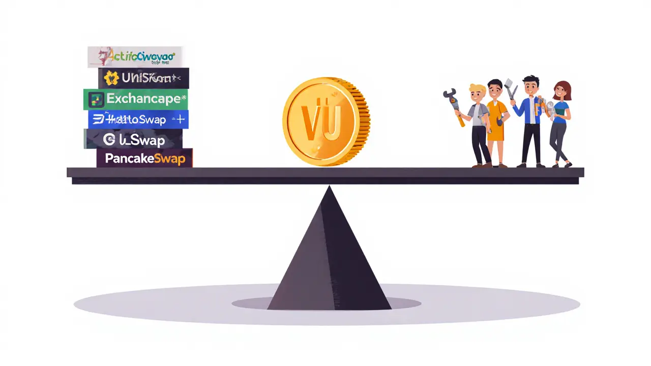 A small VU token on a scale, weighed down by exchange icons and lifted by creators.