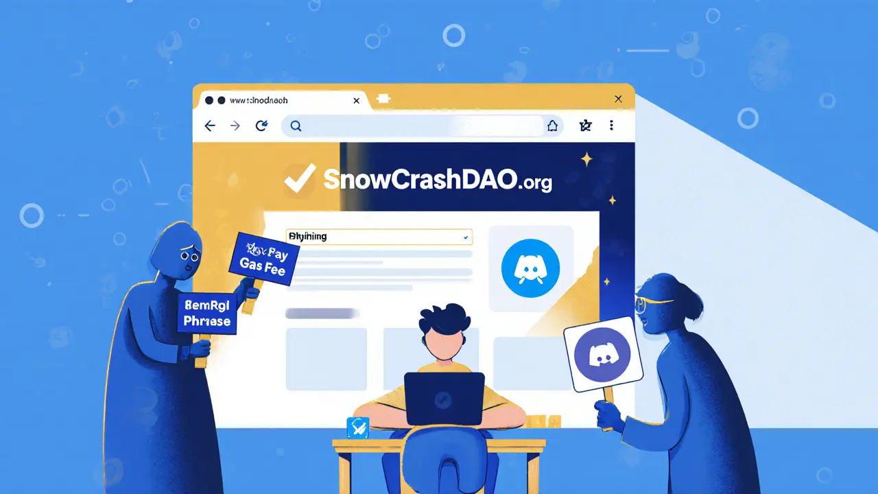 A user safely accessing the official SnowCrash website as scam figures lurk behind them.