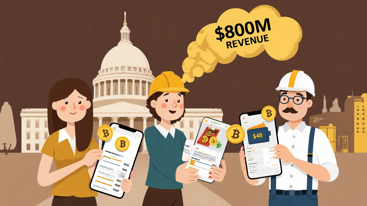 A Vietnamese family with crypto phones, tax icons above, and a government revenue symbol in background.