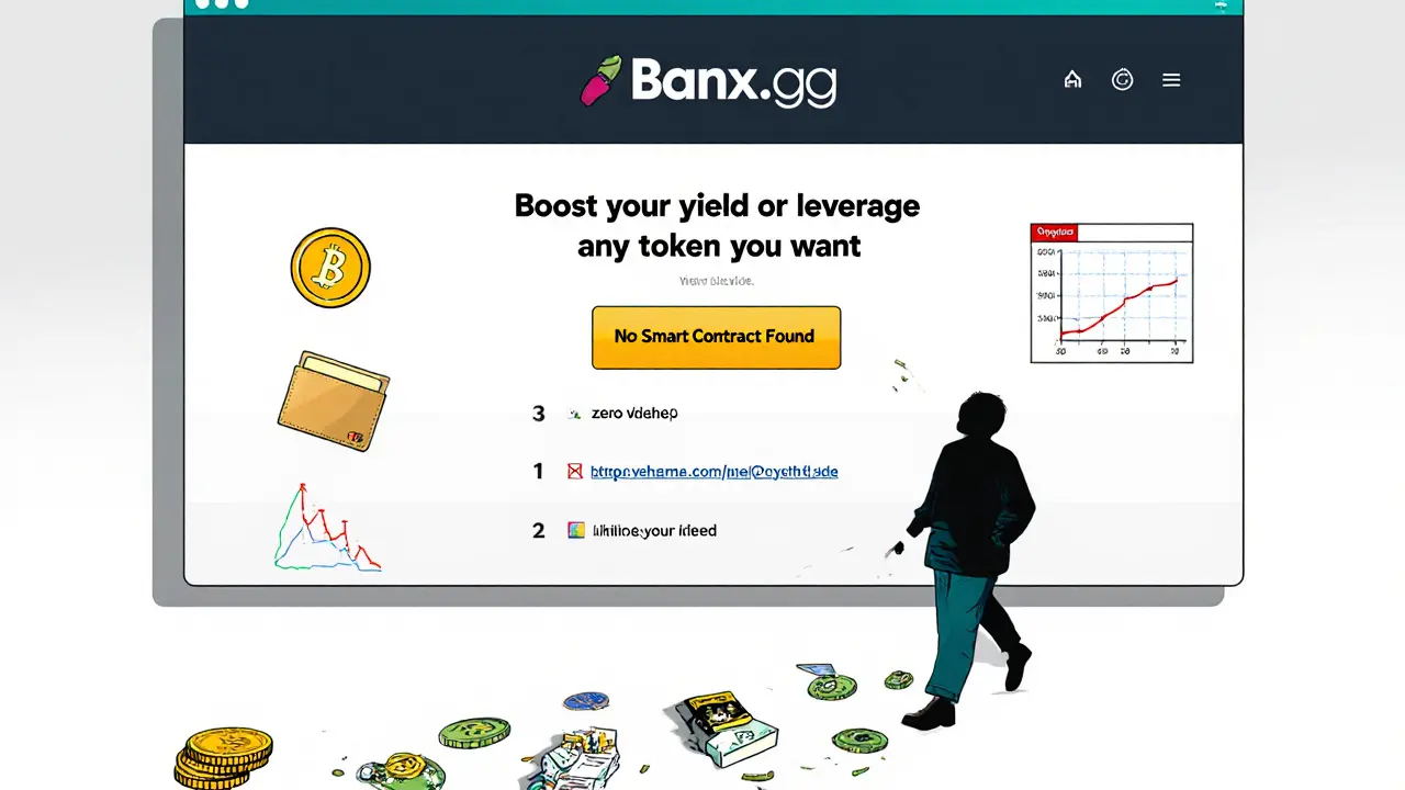 An abandoned Banx.gg website shows empty wallets and zero volume graphs, while a figure walks away.