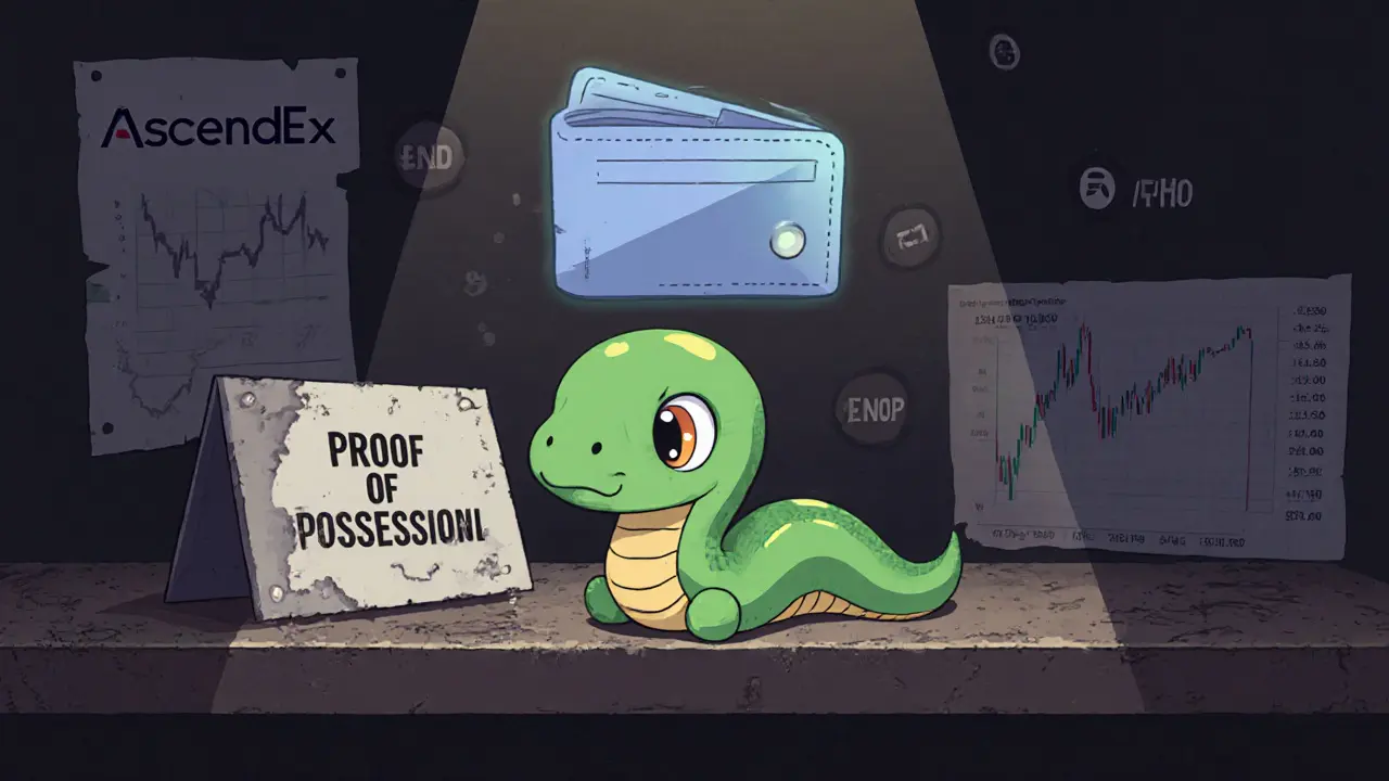 An abandoned plush snake sits on a shelf with a fading proof sign and flickering wallet icon.