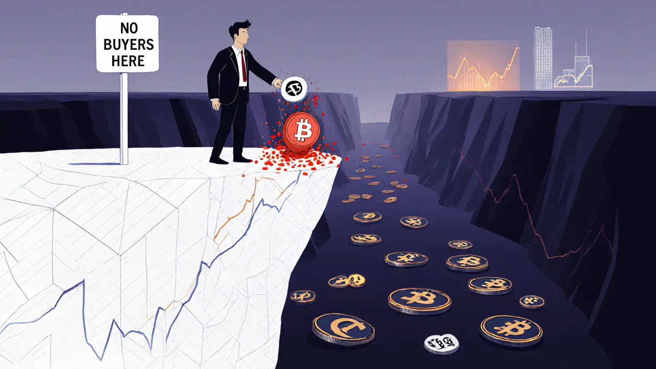 An investor watches a BANX token crumble into dust on a cliff of crypto charts, with thriving projects far away.