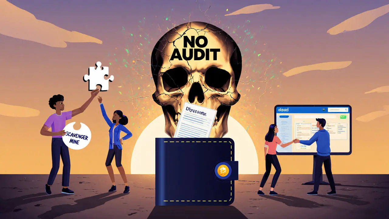 Avatars interacting with a virtual DAO system while a warning sign looms in the background.