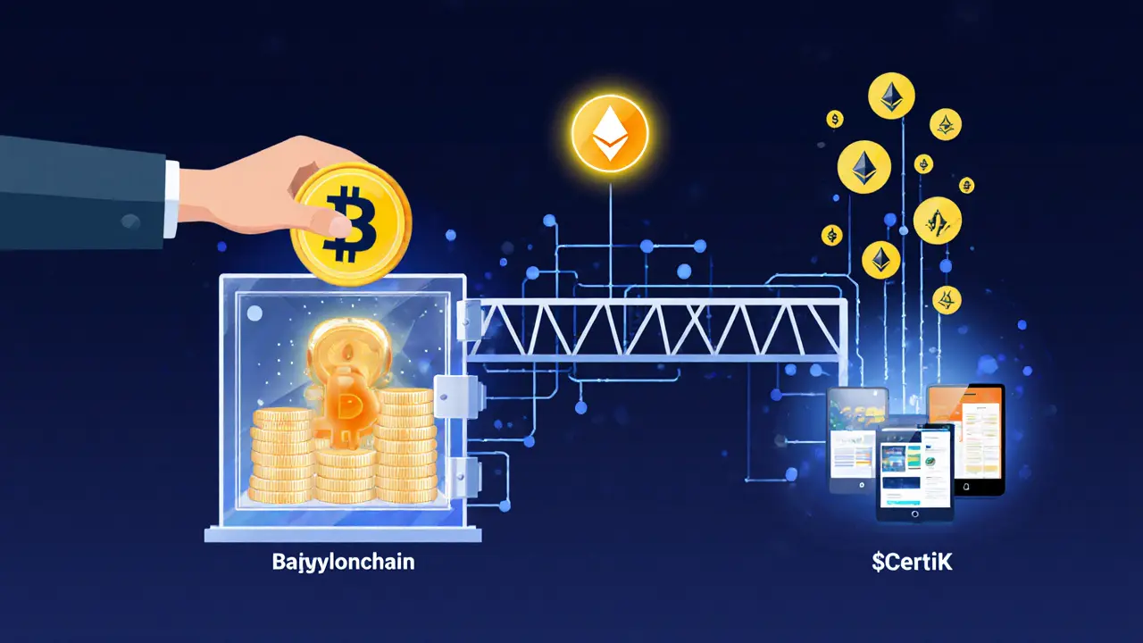 Bitcoin vault bridged to Ethereum smart contracts with Babylonchain security and CORN kernels rising toward a 2025 token launch.
