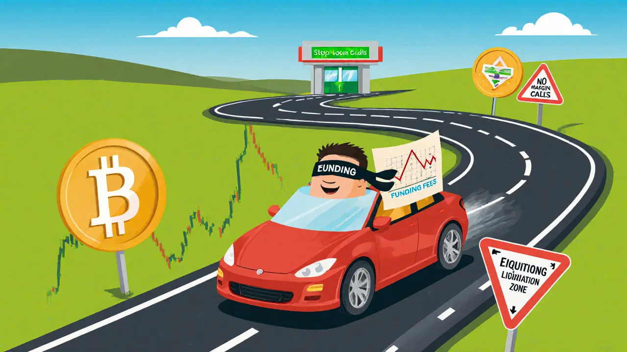 Car with no brakes speeding on a crypto price chart road toward liquidation