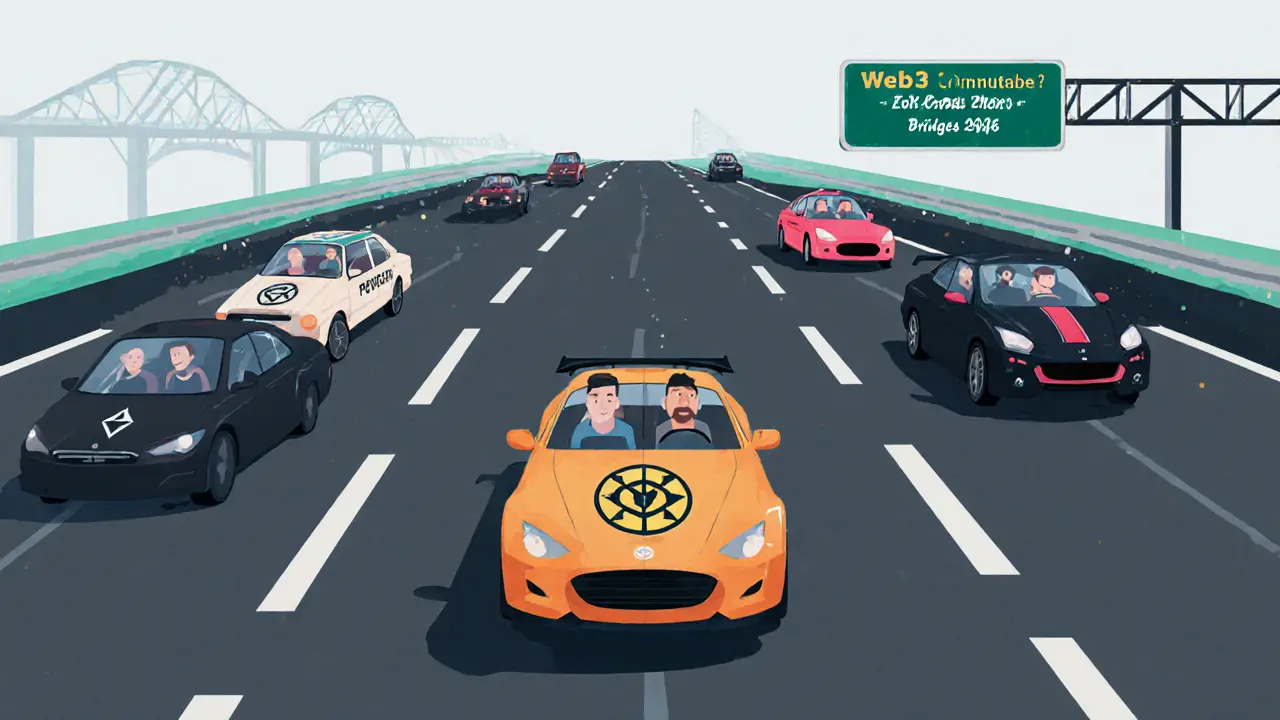 COMBO race car alone on a gaming highway, with other blockchains ahead full of players, sign pointing to future upgrades.