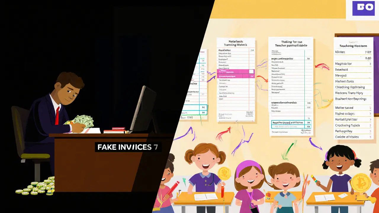 Contrasting scene: hidden fraud on one side, transparent donation receipts on the other leading to children in a classroom.