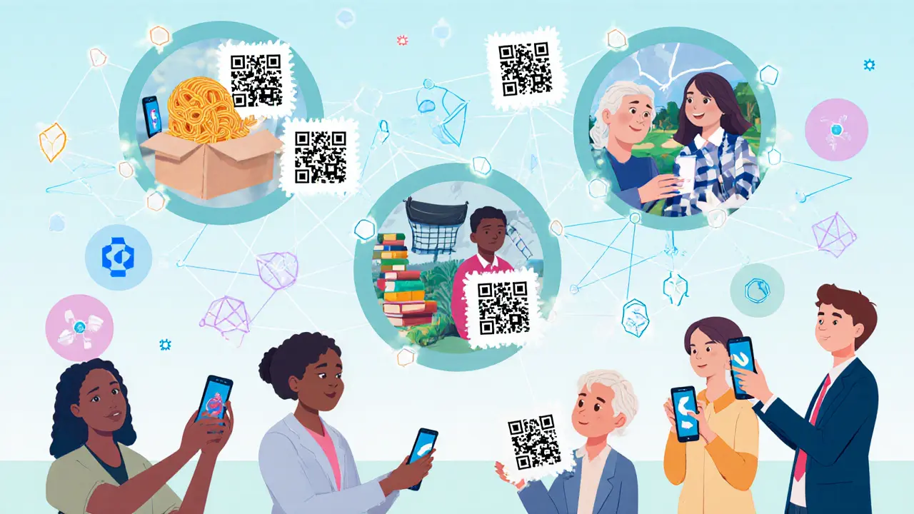 Diverse donors scanning QR codes that reveal real-time donation impacts around the world.