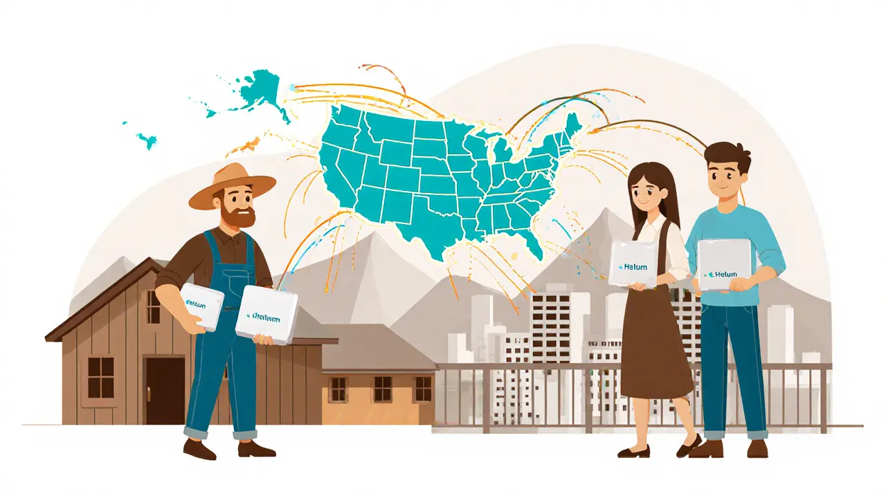 Diverse individuals with Helium hotspots connected by LoRaWAN signals across U.S. landscapes.
