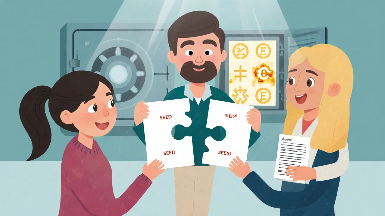 Family assembling puzzle shards into a seed phrase, glowing vault behind them.