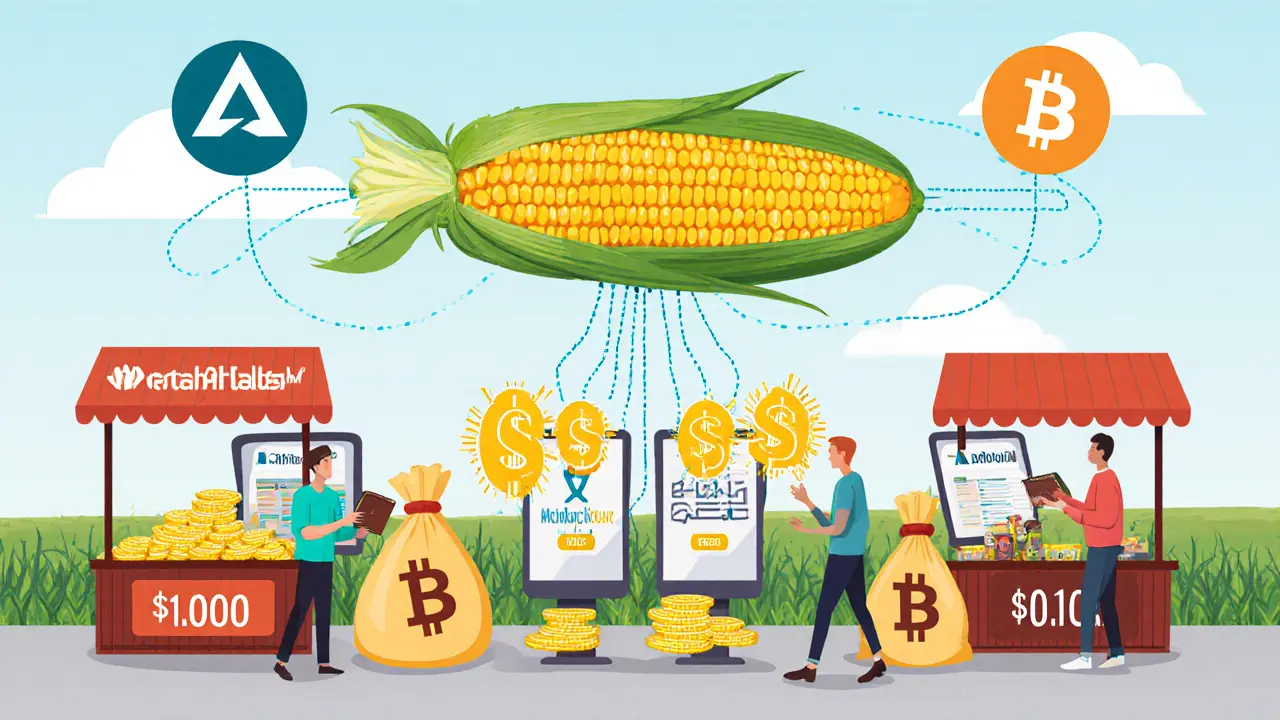 Farmer&#039;s market with Bitcoin bags exchanged for CORN tokens, surrounded by DeFi apps and low-fee transaction displays.