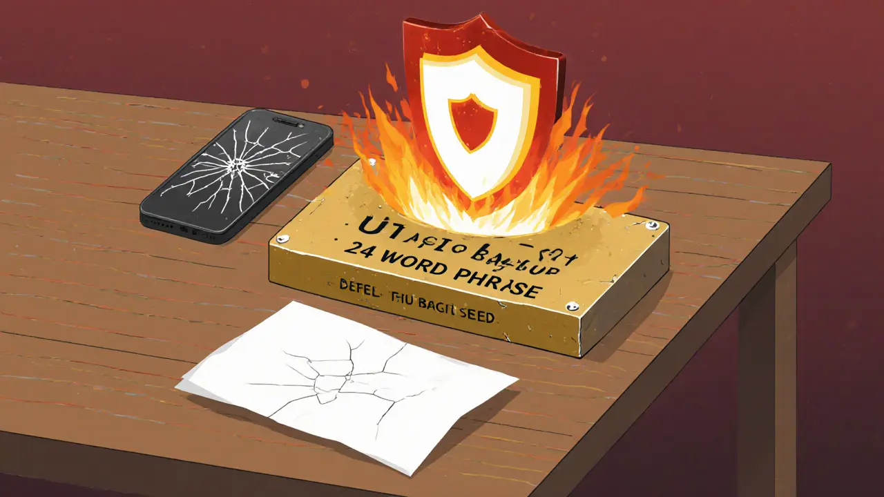 Metal seed phrase backup beside burned paper and broken phone, protective shield above.