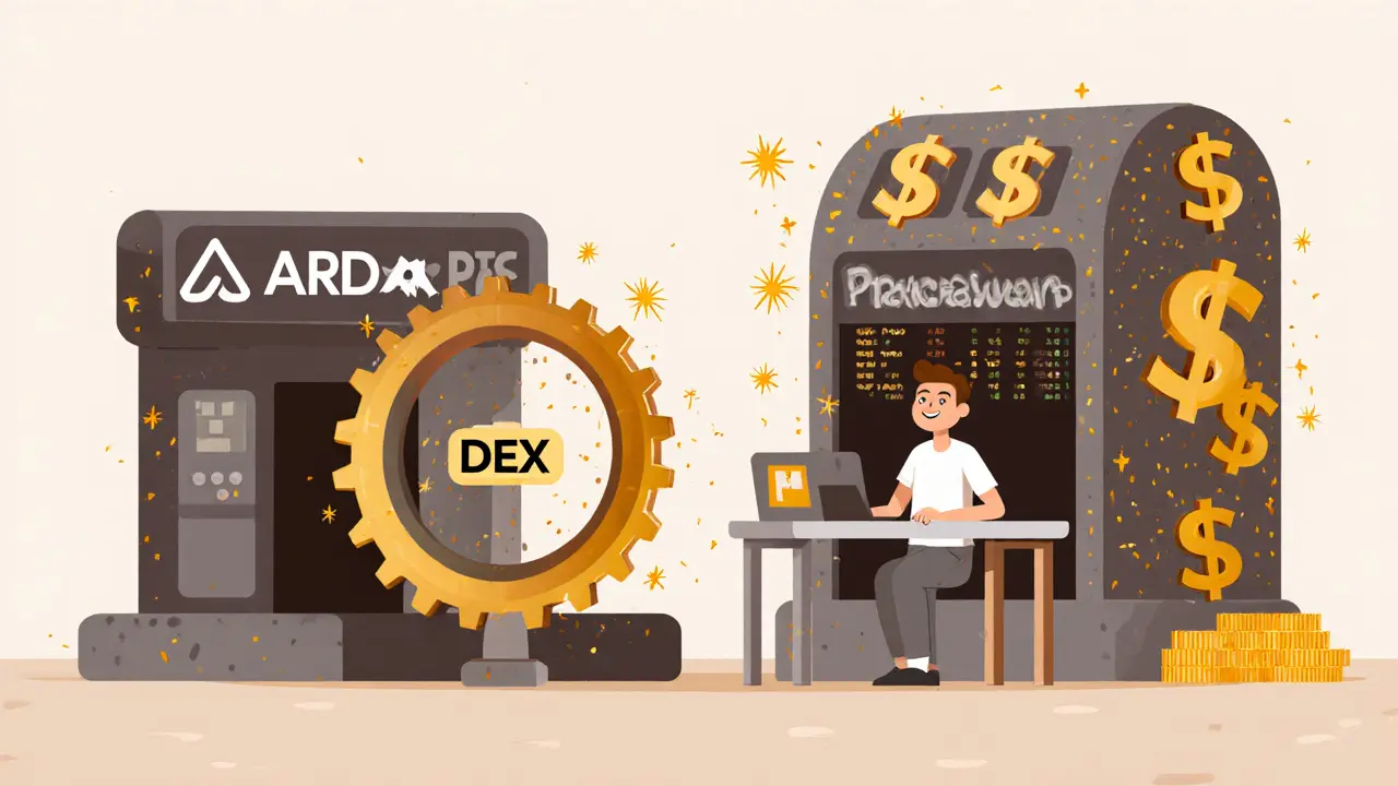 Minimalist comparison showing quiet Ardor exchange beside noisy giant DEX platforms
