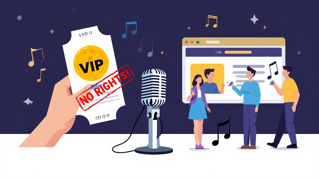 NFT ticket next to music notes with &#039;No Rights&#039; stamp, symbolizing limited usage