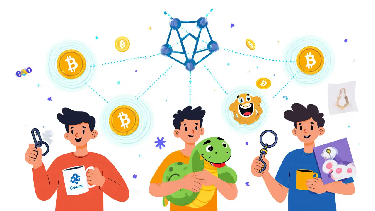 People hold everyday items connected by glowing lines to floating crypto tokens.