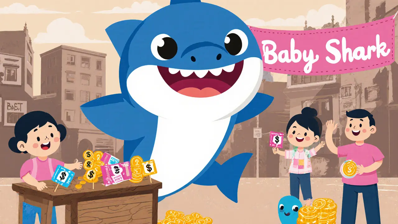 People trade Baby Shark Tokens like collectible cards at a whimsical street market.