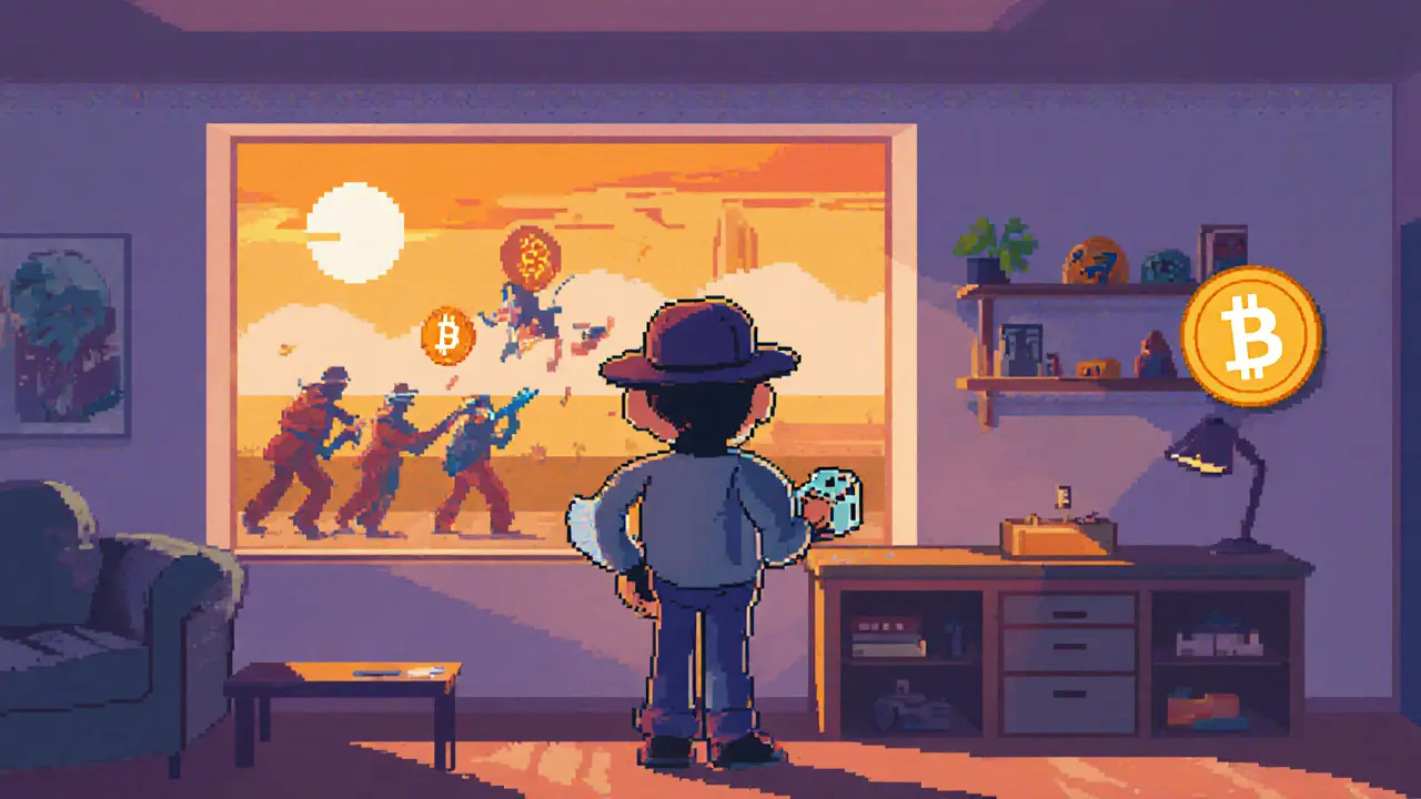 Player in a customizable NFT hotel room with pixel art furniture and BTH tokens nearby.