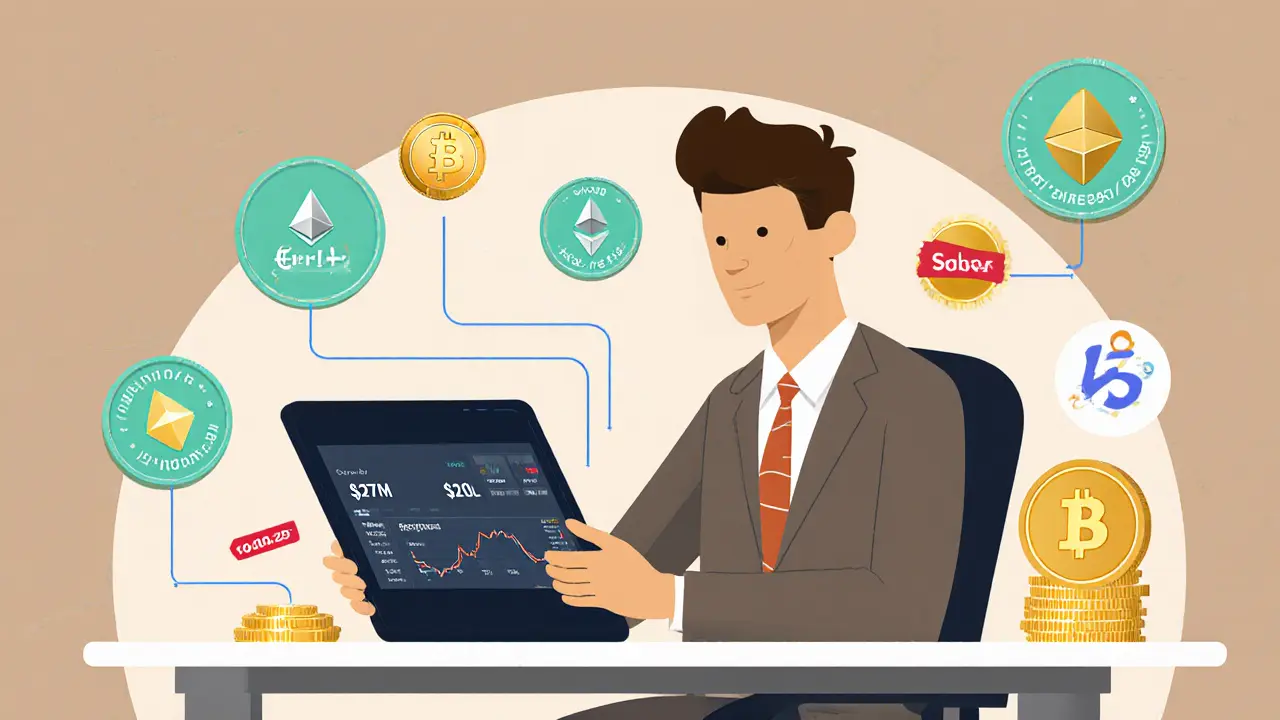 Professional trader viewing Saber DEX dashboard with stablecoins transferring across chains, fee comparison visible.