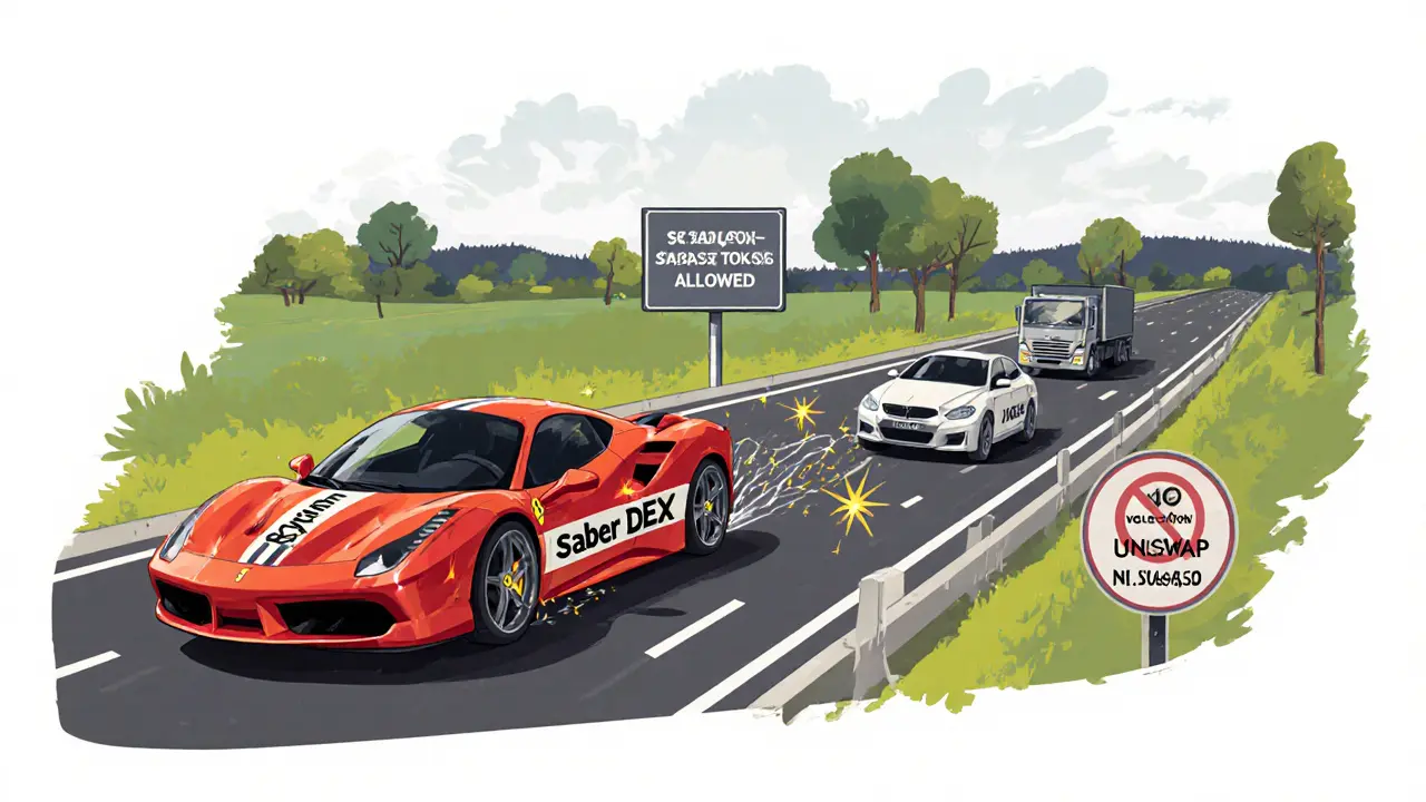 Saber DEX Ferrari racing ahead of competitors on a stablecoin highway, low fees and speed highlighted.