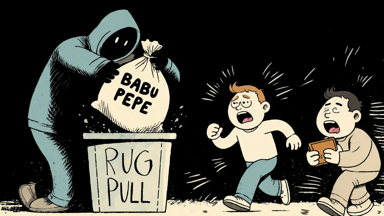 Shadowy figure dumping a meme coin into a trash can as others flee.