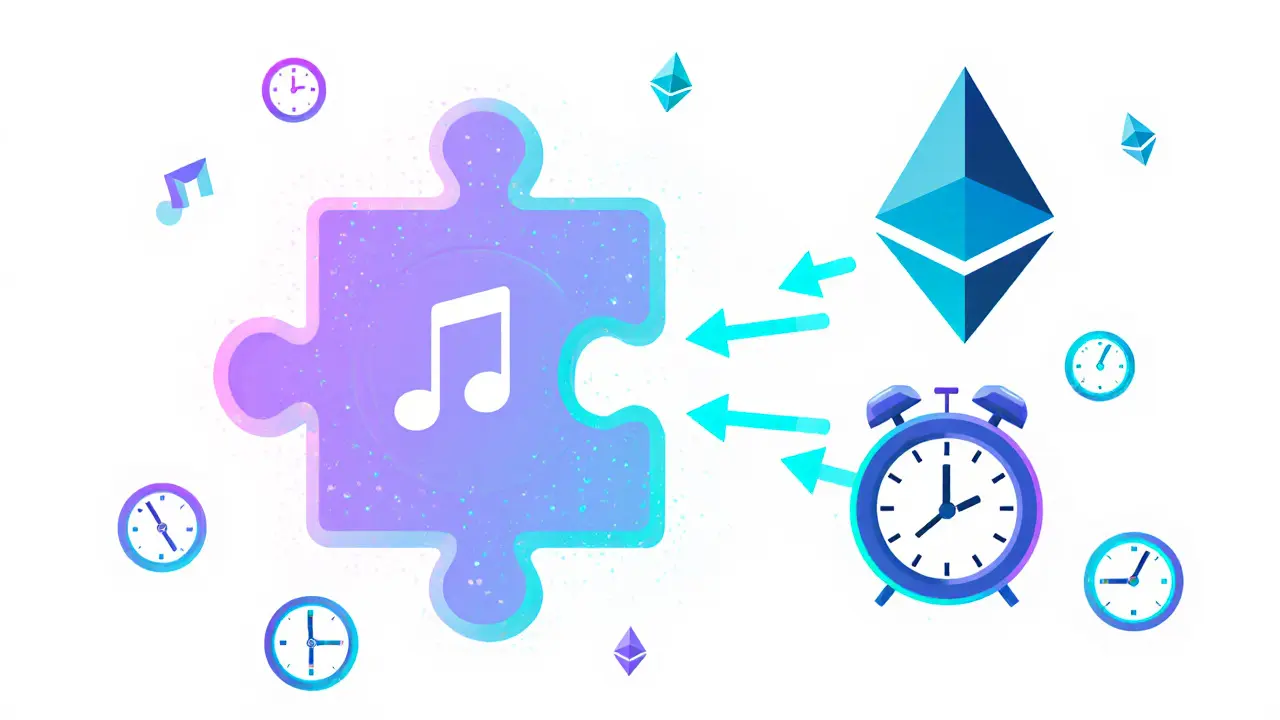 Smart contract automatically splitting payments to musician, producer, and studio with digital symbols.