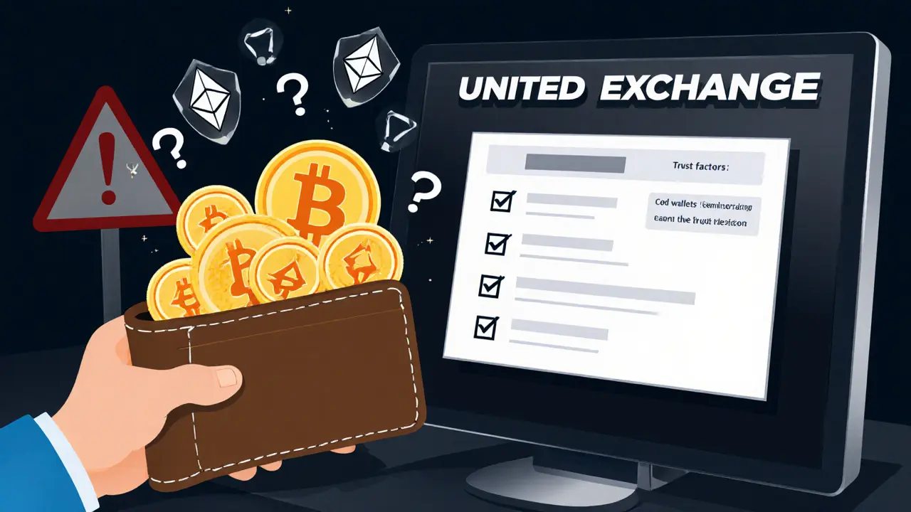 Someone hovering over a blank screen labeled United Exchange with missing security symbols and question marks.