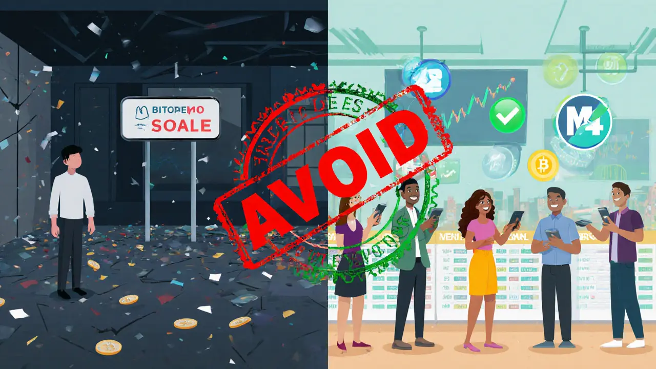 Split scene: chaotic empty trading platform vs. vibrant, transparent crypto exchange with verified users.