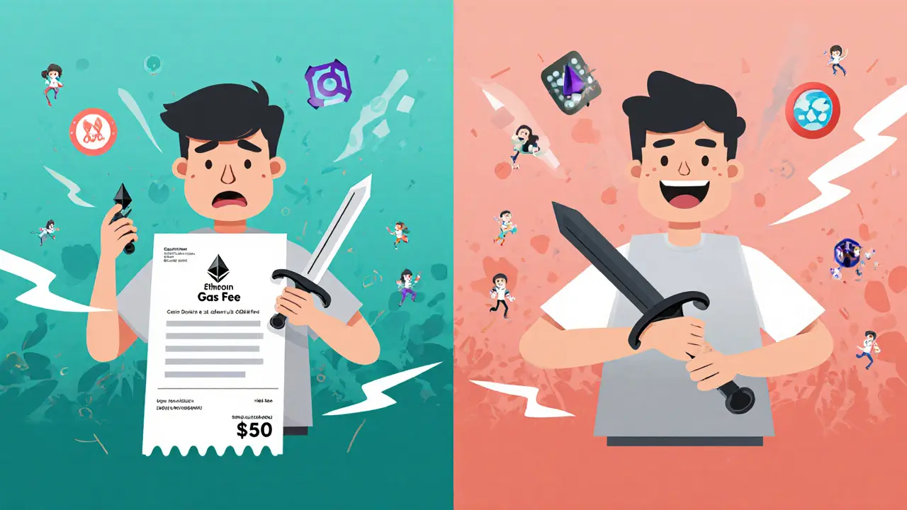 Split scene: frustrated gamer facing high Ethereum fees vs. happy gamer with near-zero COMBO fees and game dev tools around them.