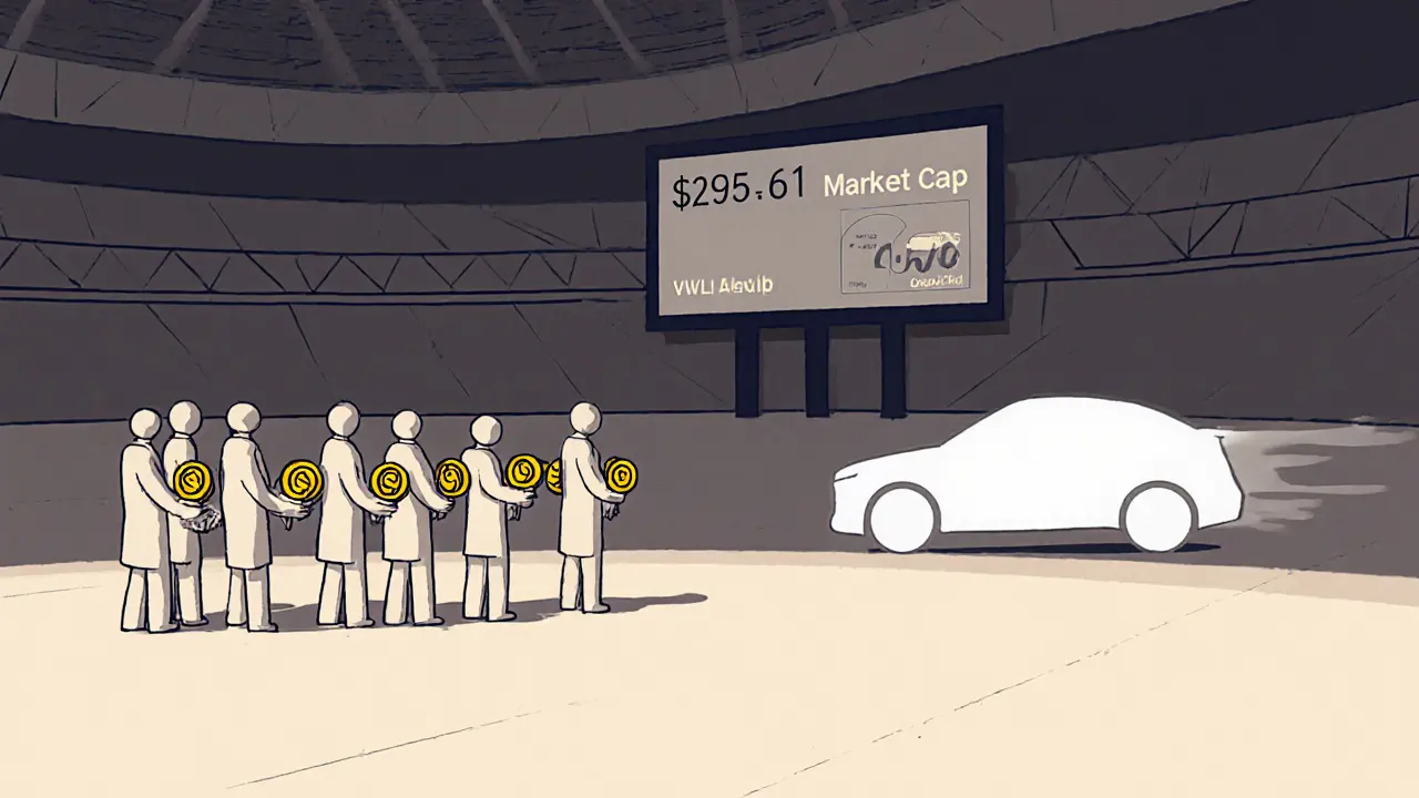 Thousands of tiny figures holding HWL tokens in an empty hall under a low market cap sign.