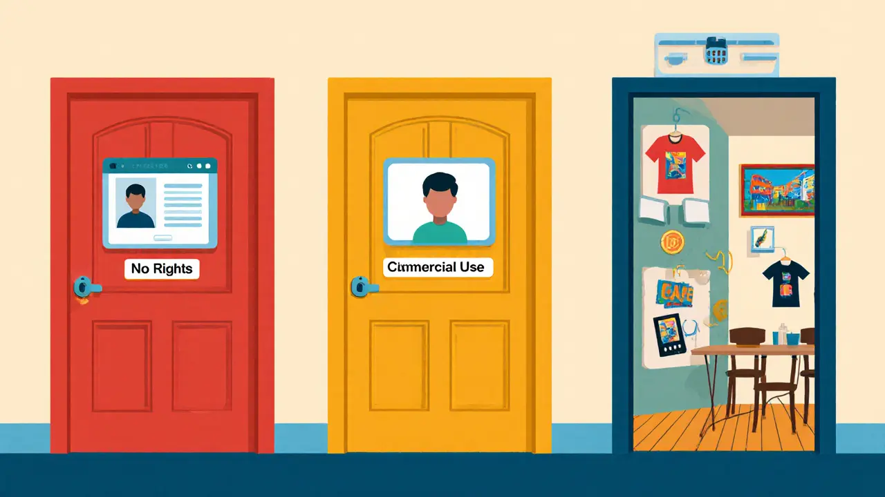 Three doors representing NFT license types: locked, partial, and open with commercial uses